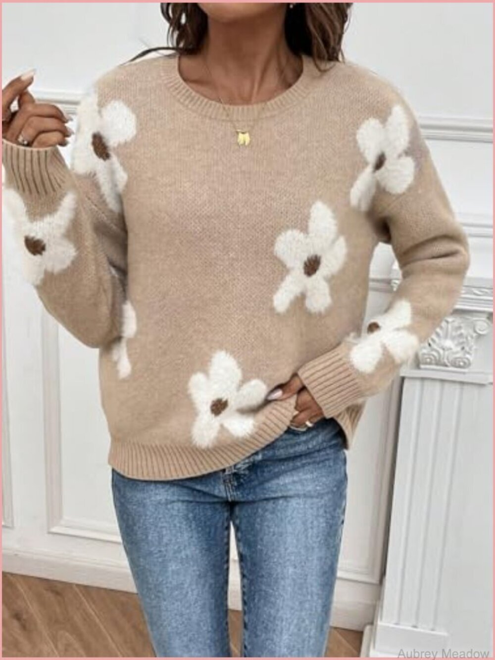 Women's Floral Crewneck Long Sleeve Drop Shoulder Pullover Sweater - Picture 6 of 7